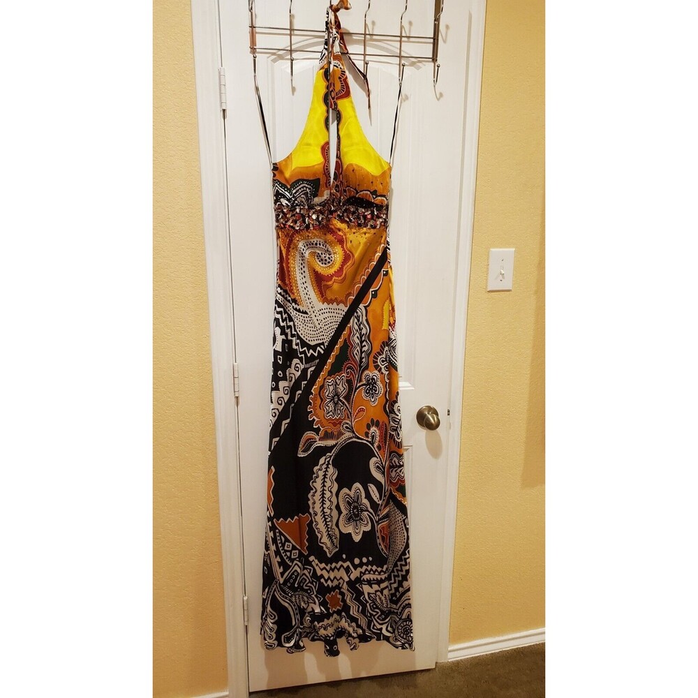 MARY L COUTURE Beads Halter print Dress Sz 2 Yellow Multi